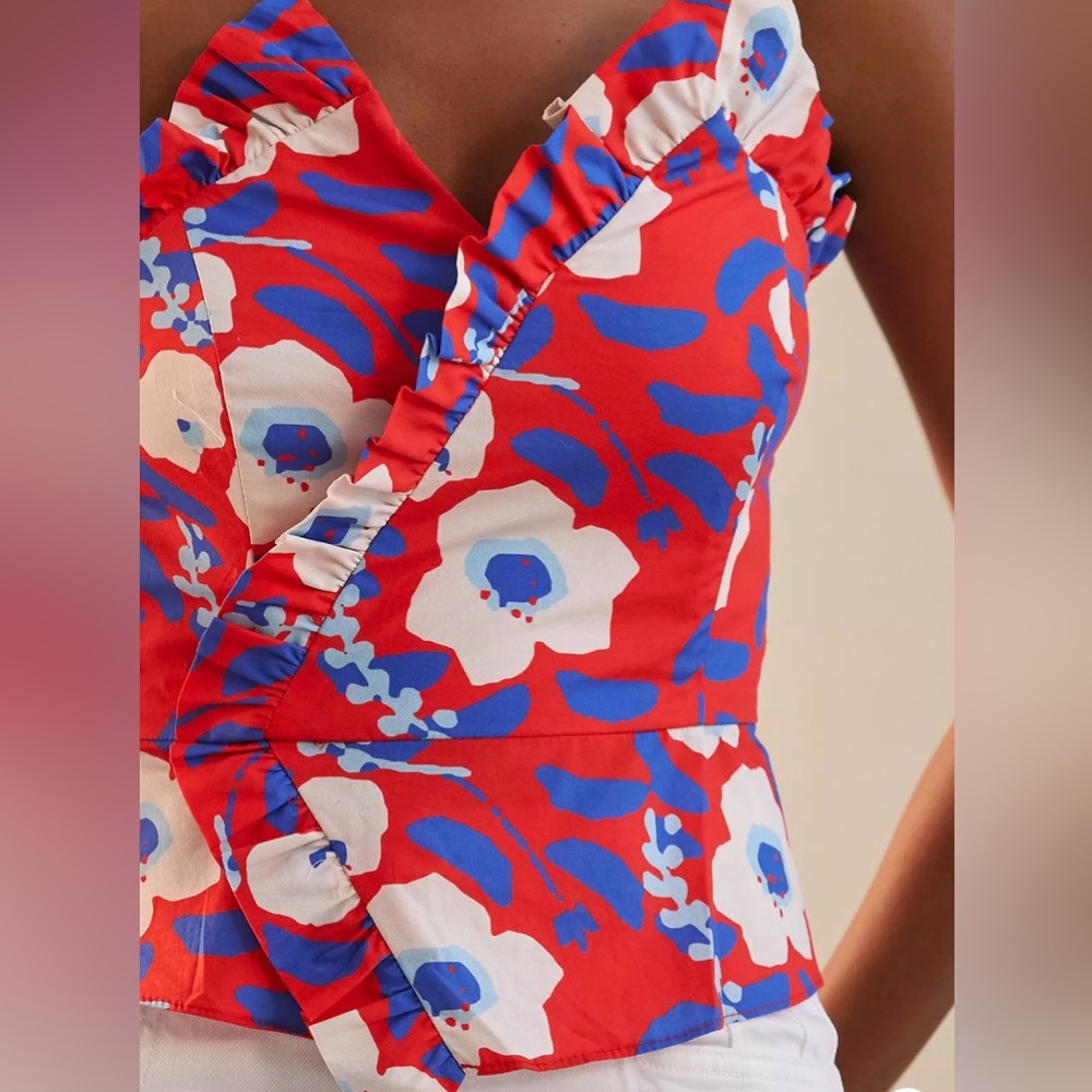 Hutch Strapless Ruffle Tube Top Red Blue Floral Size 10‎ NWT *stain
